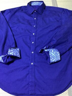 Robert Graham Deep Blue Button-Down with Patterned Contrast Cuffs 2XL